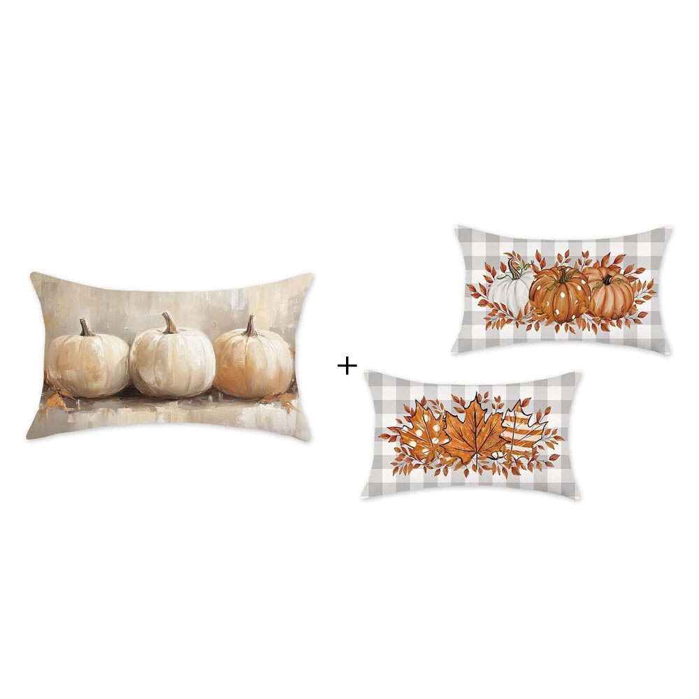 5167 Pumpkins Fall Pillow Covers 12x20 Inch Set of 2 Maple Leaves Grey